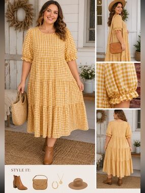 Tiered Dress Goldenrod Bubble Sleeve Plus Size Yellow Farmhouse Prairie Boho